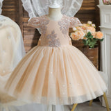 Kids Cute Bow Princess Flower Lace Tulle Short Party Dress