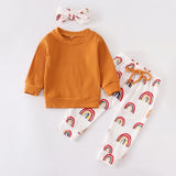 Solid Knit Long Sleeved Top with Rainbow Pants & Headband