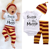 Snuggle This Muggle Short Sleeved Romper + Pants + Hat Set